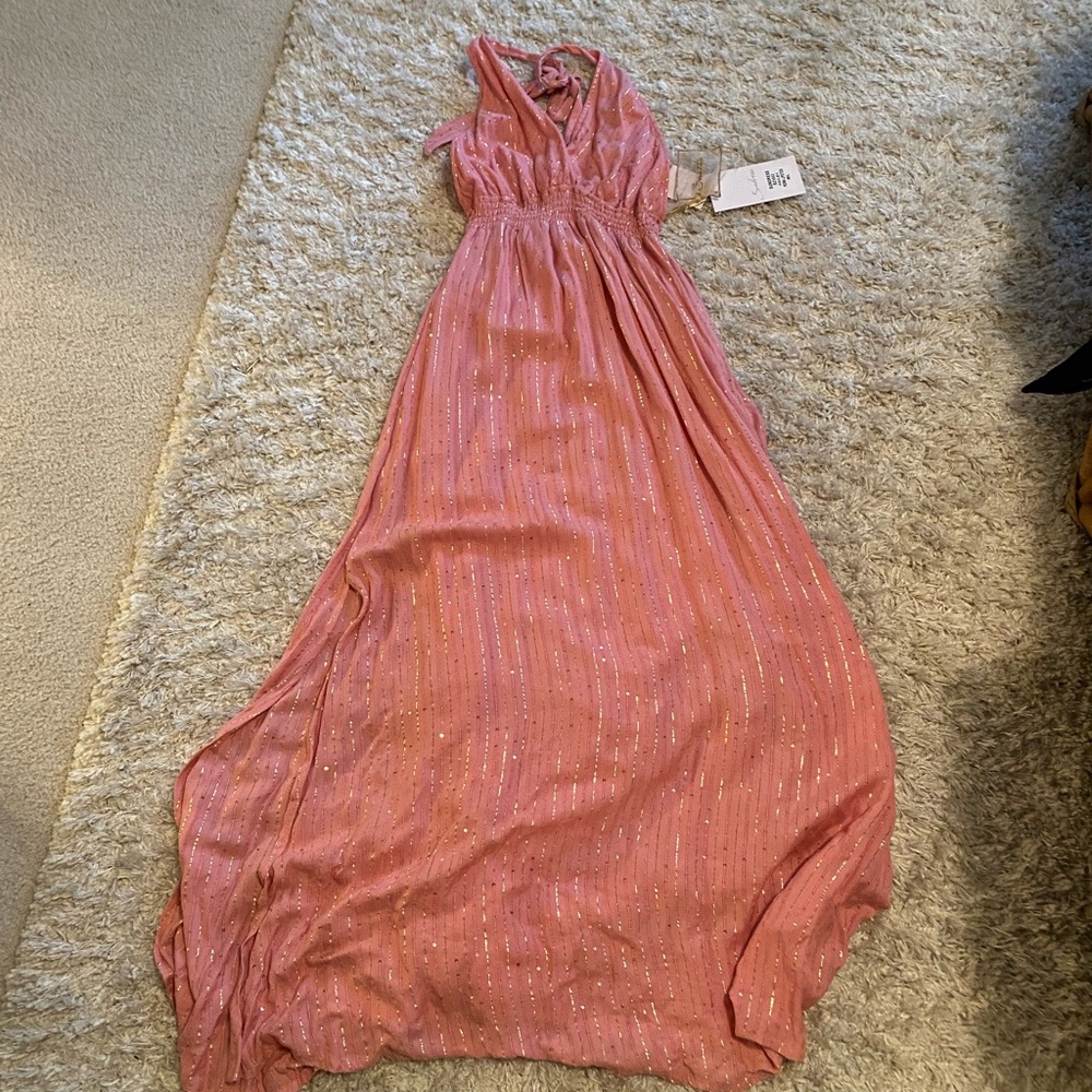 Great halter maxi dress pink with gold sequin striping.